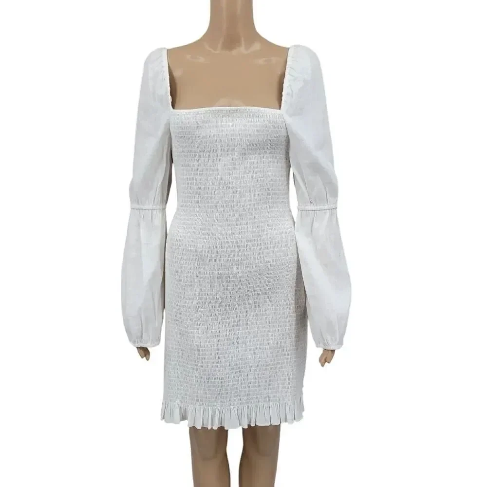 Gianni Bini Tally Smocked Linen Blend White Puff Long Sleeve Dress Sorority Rush